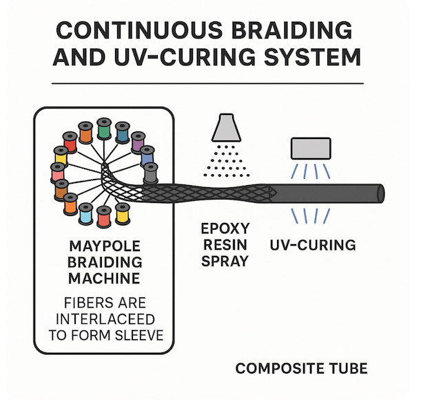 Coming soon continuous smart braiding sleeve with epoxy resin UV curing system for small applications including 3D printing