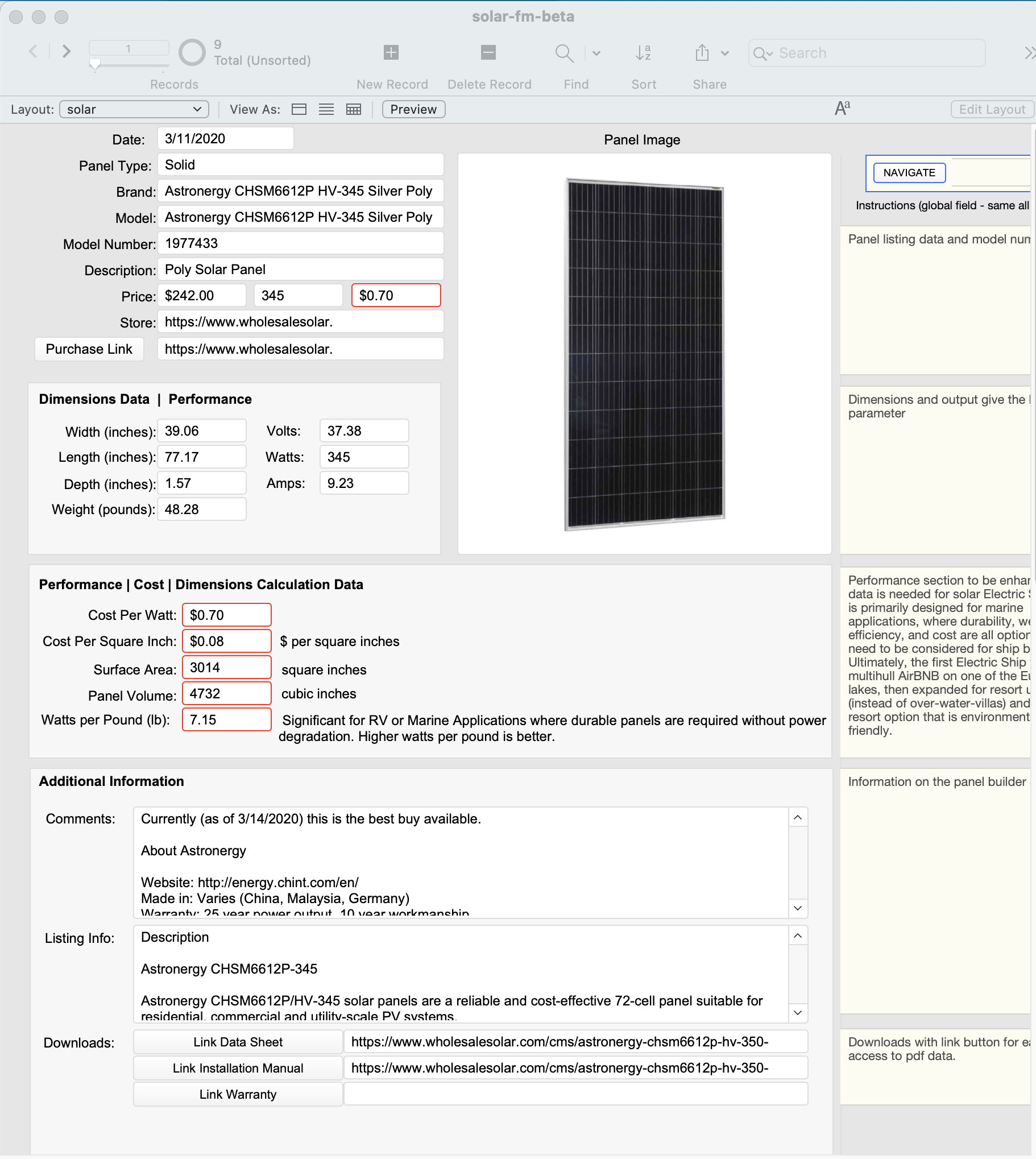 Solar Panel Cost and Performance Filemaker Solution Calculator